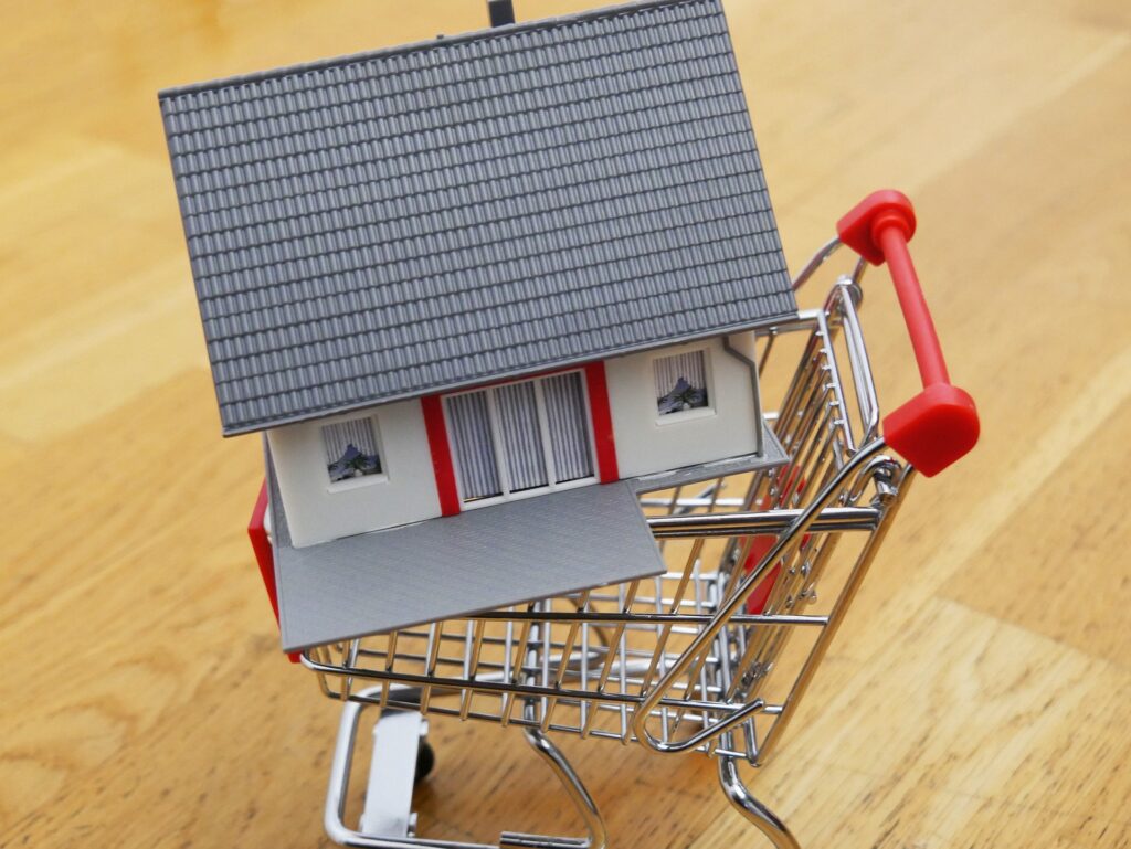 A toy house in the middle of a shopping cart.