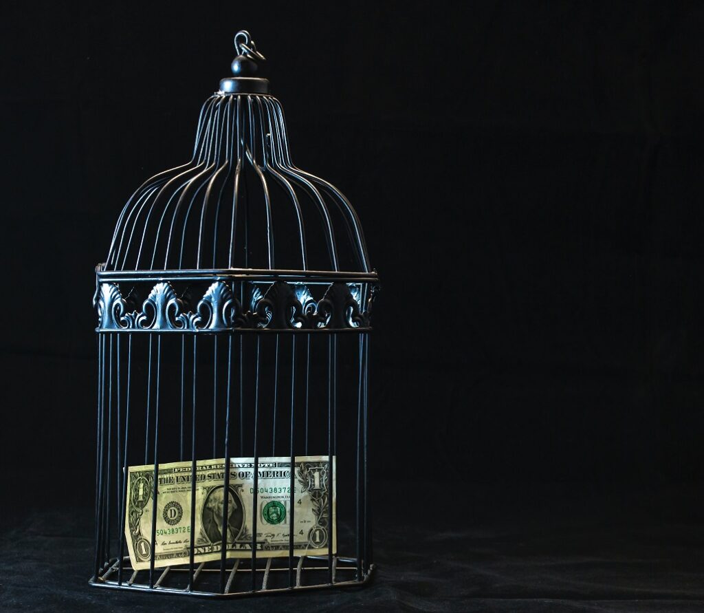 A cage with money inside of it