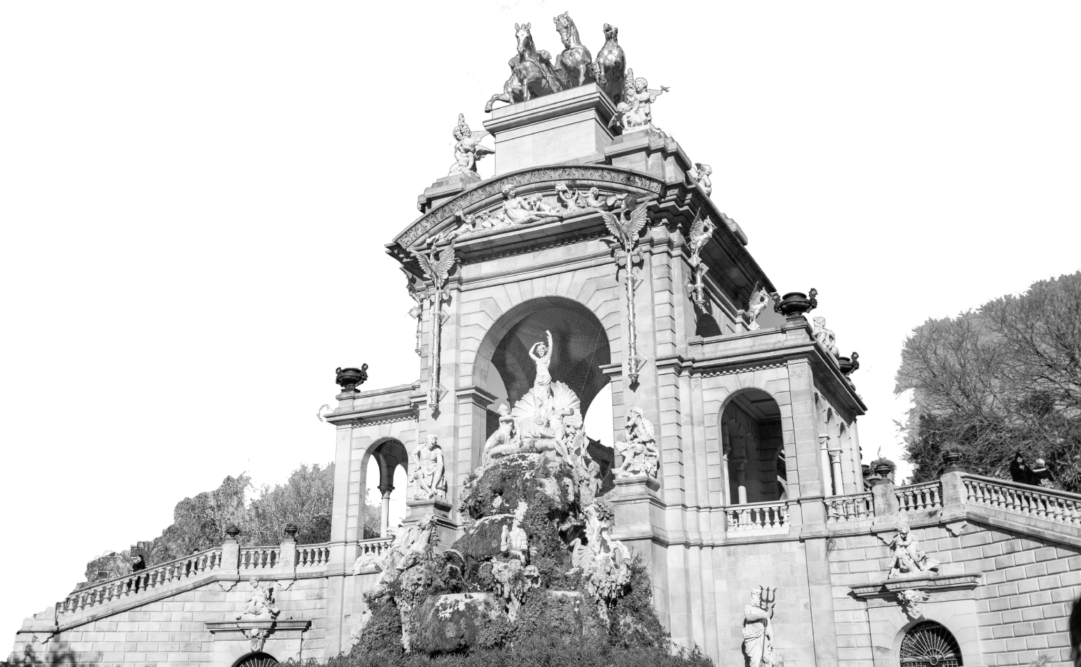 A black and white photo of the front of a building.